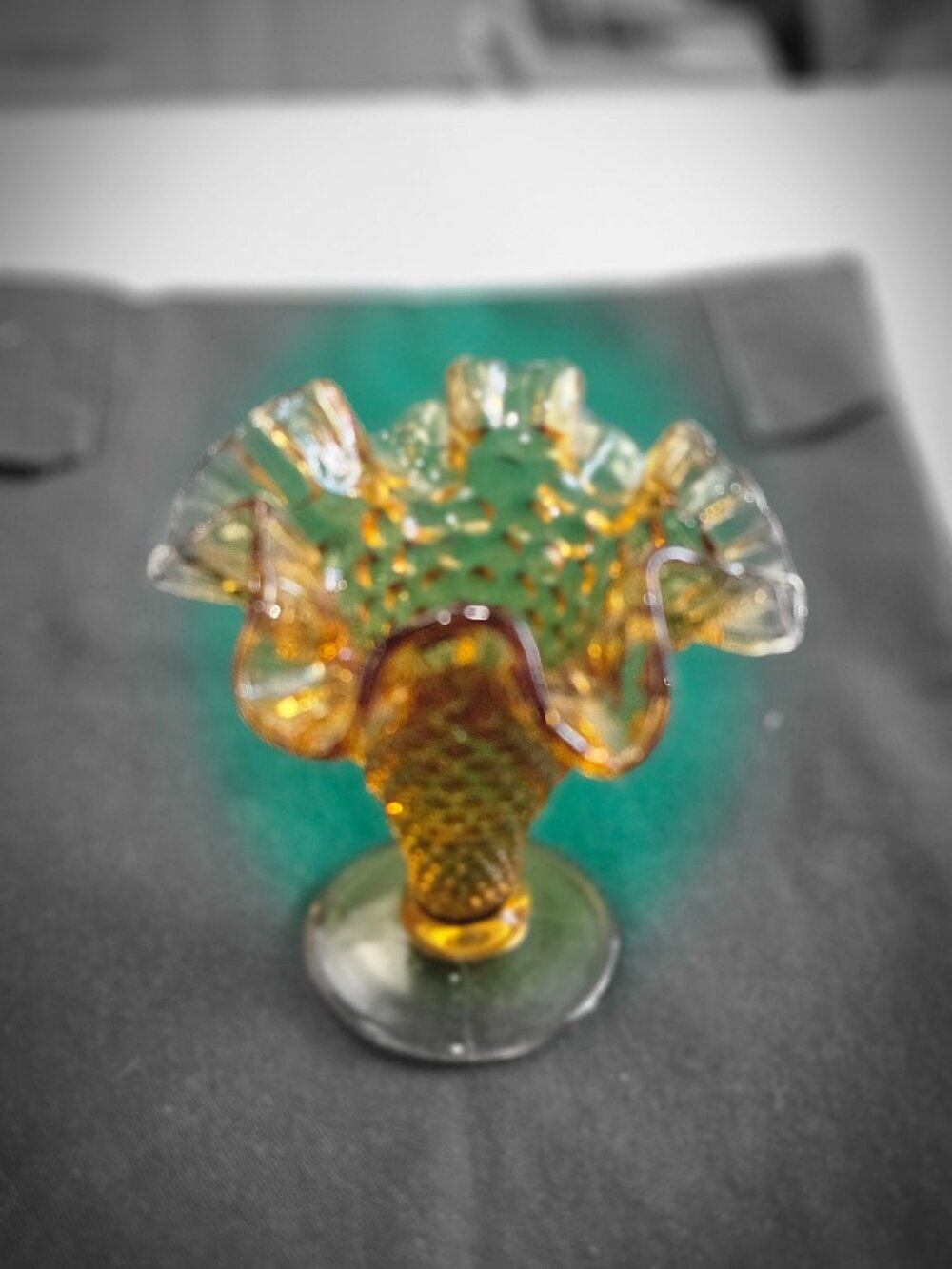 Vintage Amberina Hobnail Ruffled Footed Art Glass Vase 4"